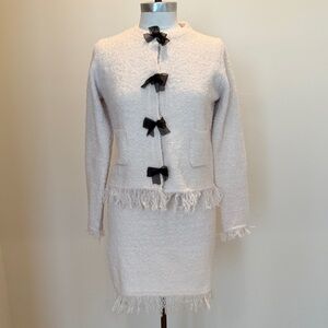 NWT Elegant Cream Mini Skirt and Matching Sweater with Black Bows